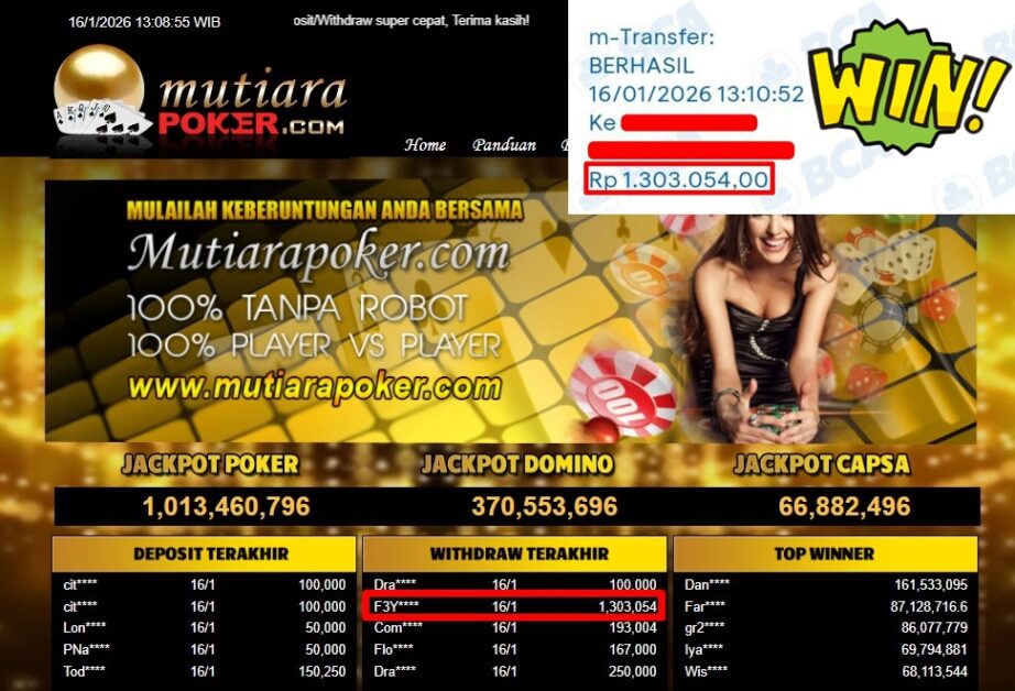 Bukti Withdraw ( 1,303,054,- ) Member Setia MutiaraPoker