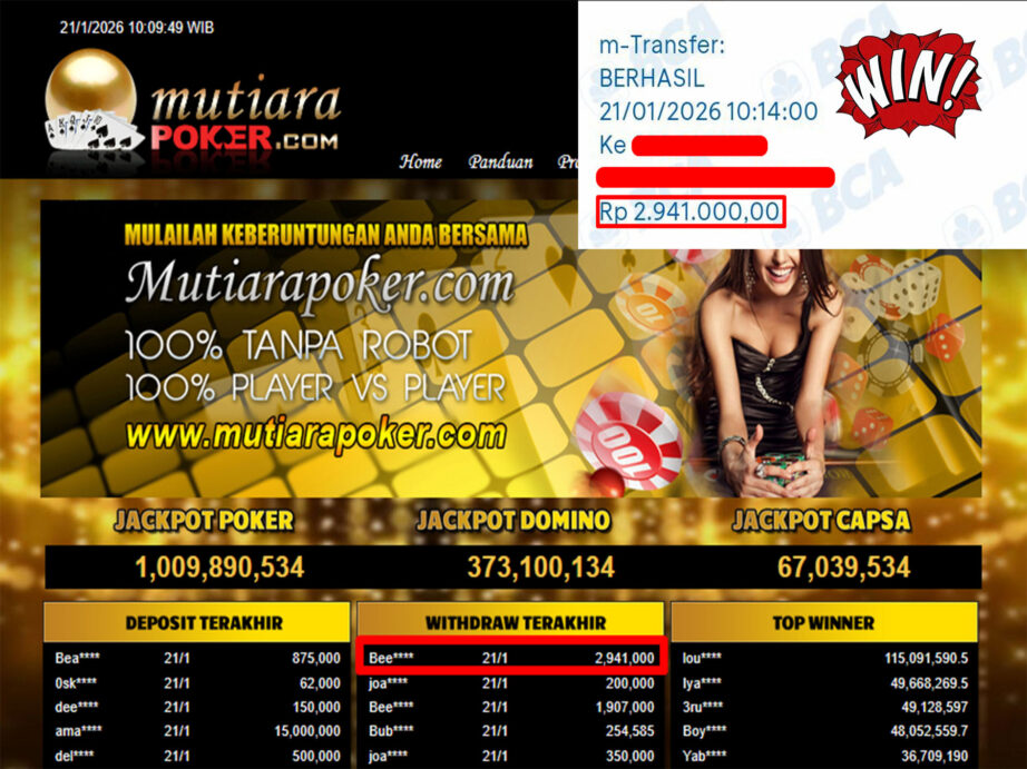 Bukti Withdraw ( 2,941,000,- ) Member Setia MutiaraPoker