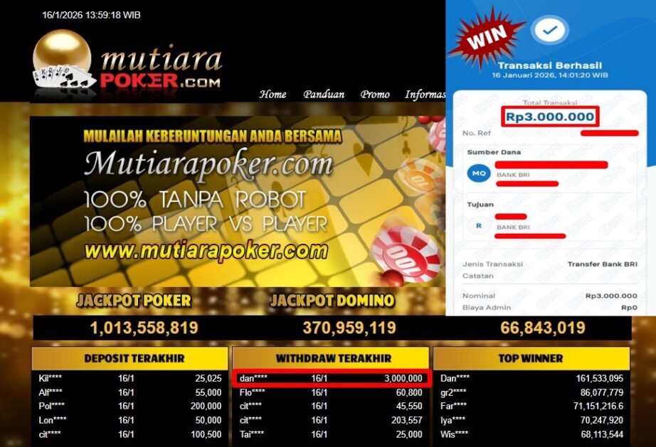 Bukti Withdraw ( 3,000,000,- ) Member Setia MutiaraPoker