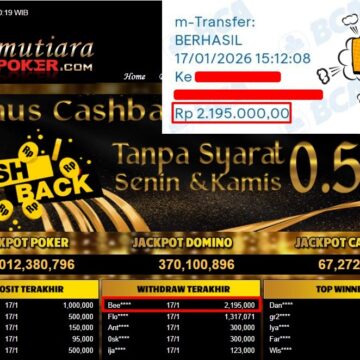 Bukti Withdraw ( 2,195,000,- ) Member Setia MutiaraPoker