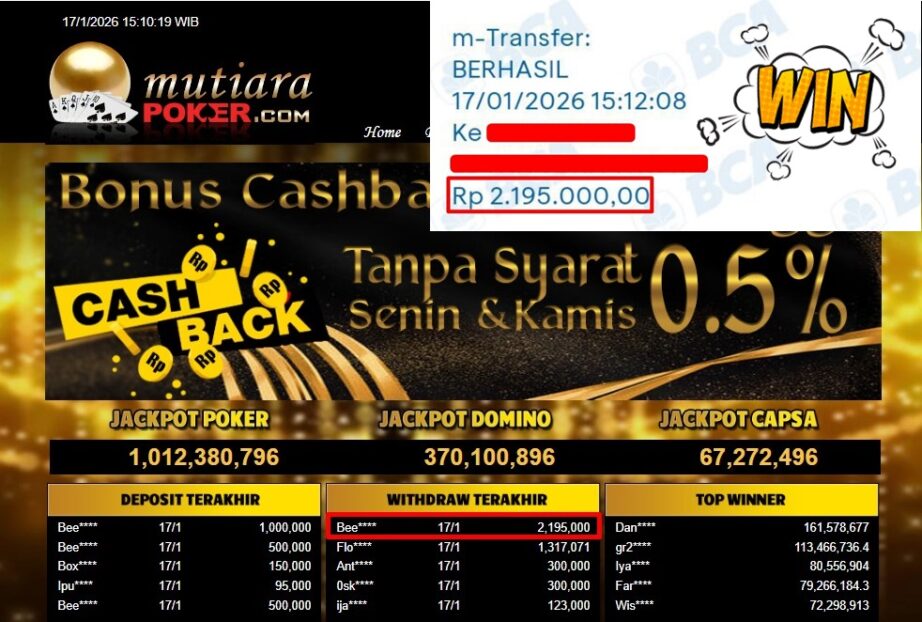 Bukti Withdraw ( 2,195,000,- ) Member Setia MutiaraPoker