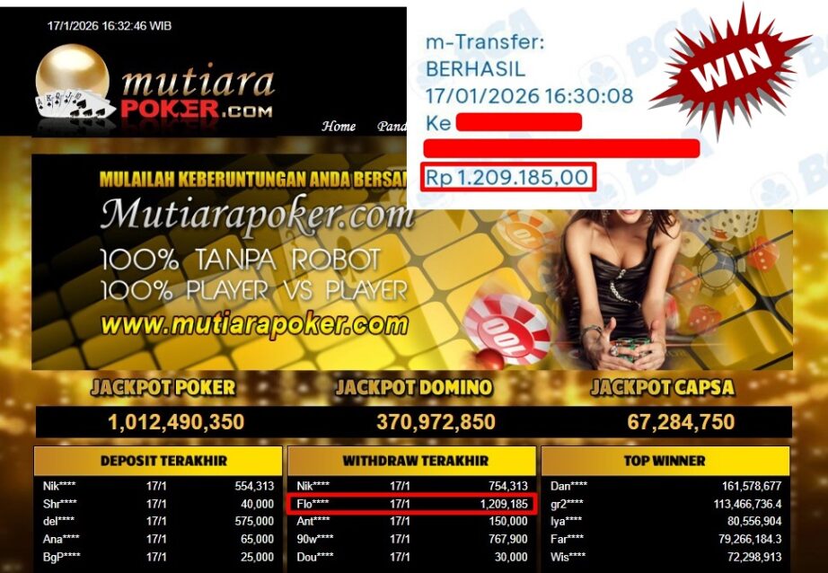Bukti Withdraw ( 1,209,185,- ) Member Setia MutiaraPoker
