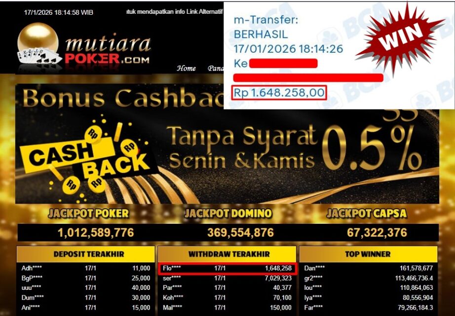 Bukti Withdraw ( 1,648,258,- ) Member Setia MutiaraPoker