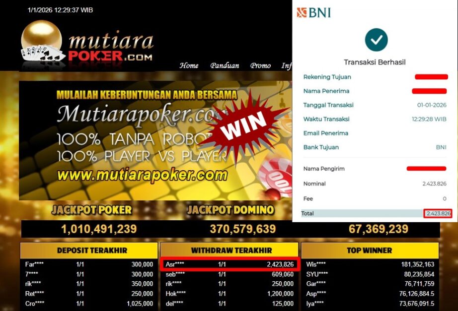 Bukti Withdraw ( 2,423,826,- ) Member Setia MutiaraPoker