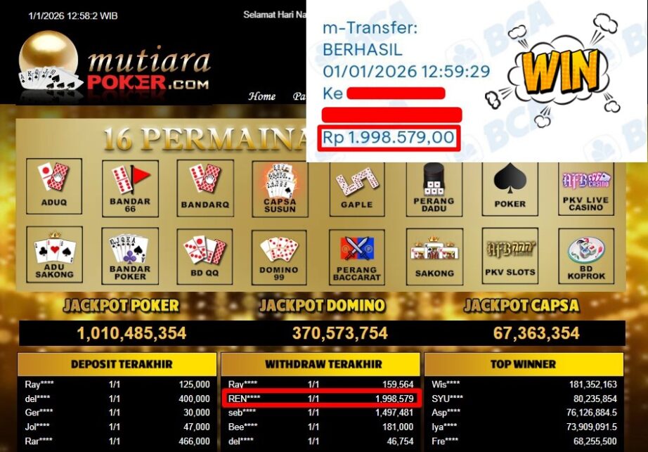 Bukti Withdraw ( 1,998,579,- ) Member Setia MutiaraPoker