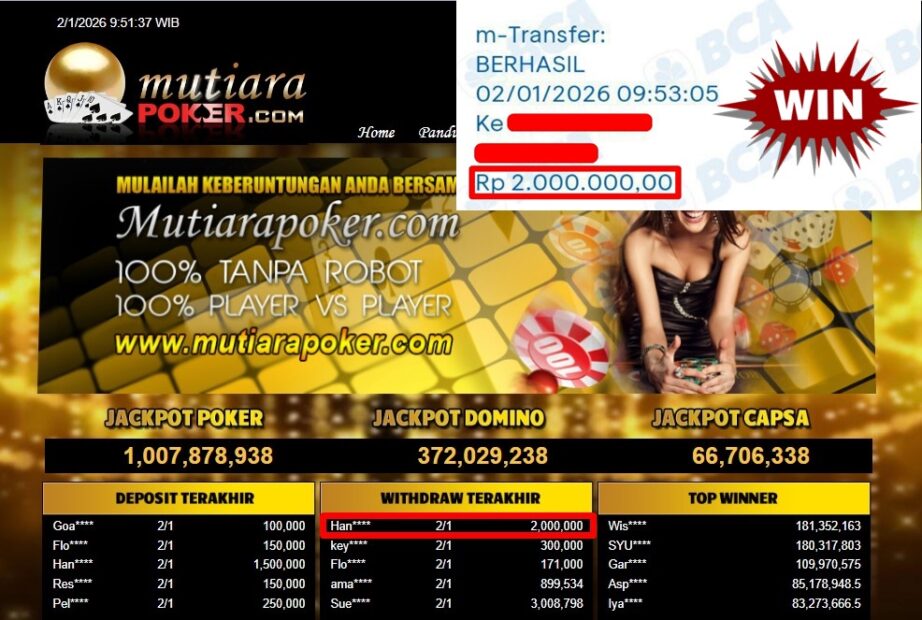 Bukti Withdraw ( 2.000.000,- ) Member Setia MutiaraPoker