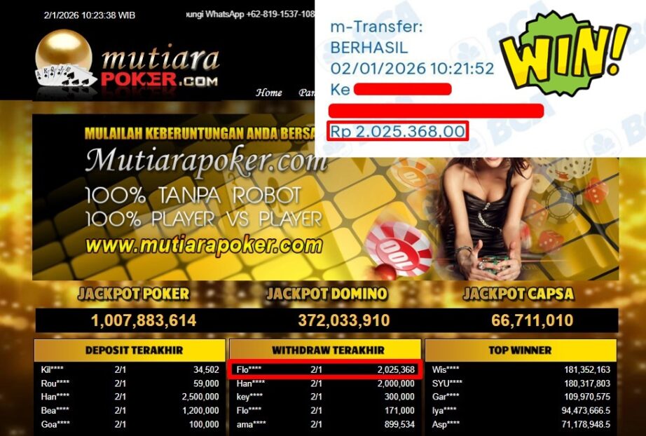 Bukti Withdraw ( 2,025,368,- ) Member Setia MutiaraPoker