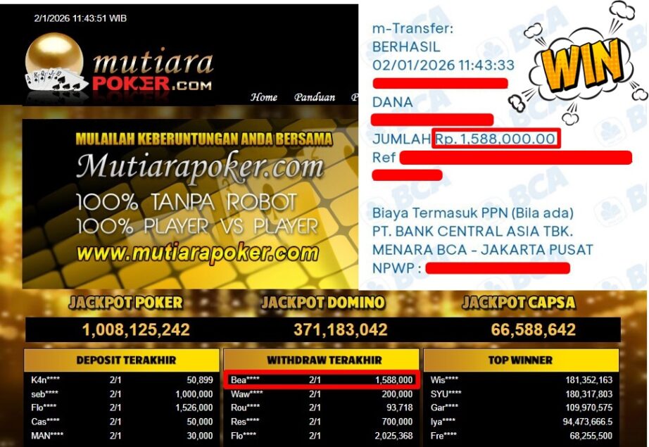 Bukti Withdraw ( 1,588,000,- ) Member Setia MutiaraPoker