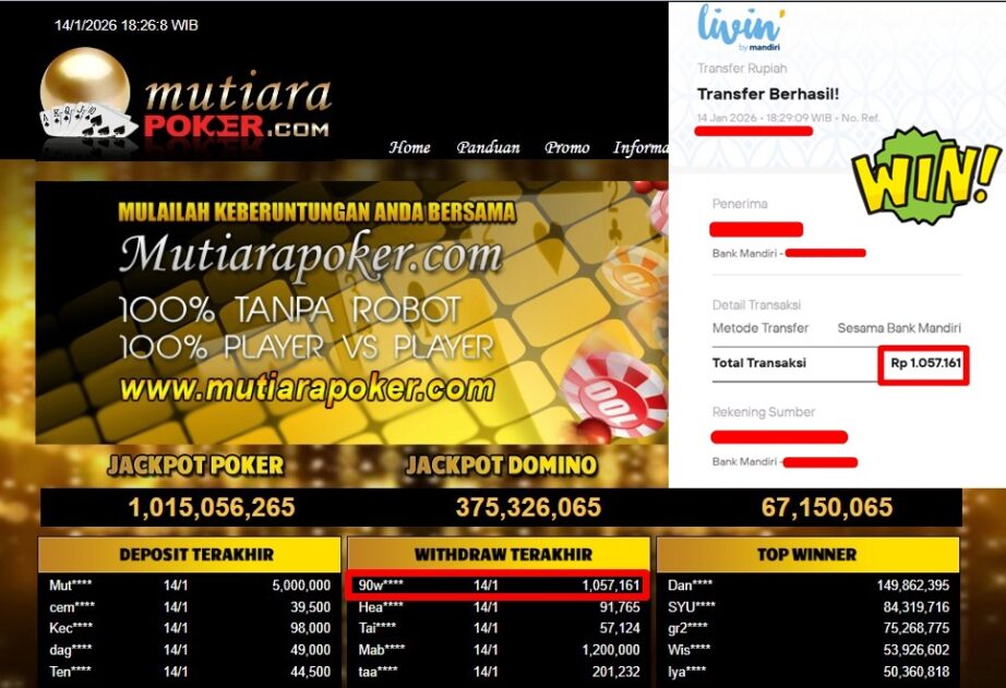 Bukti Withdraw ( 1,057,161,- ) Member Setia MutiaraPoker