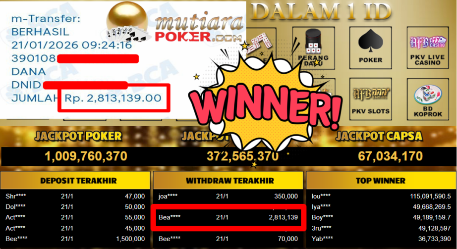 Bukti Withdraw ( 2.813.139,- ) Member Setia MutiaraPoker