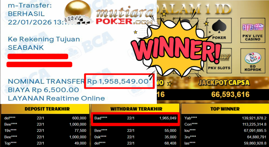 Bukti Withdraw ( 1.965.049,- ) Member Setia MutiaraPoker