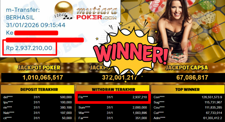 Bukti Withdraw ( 2.937.210,- ) Member Setia MutiaraPoker