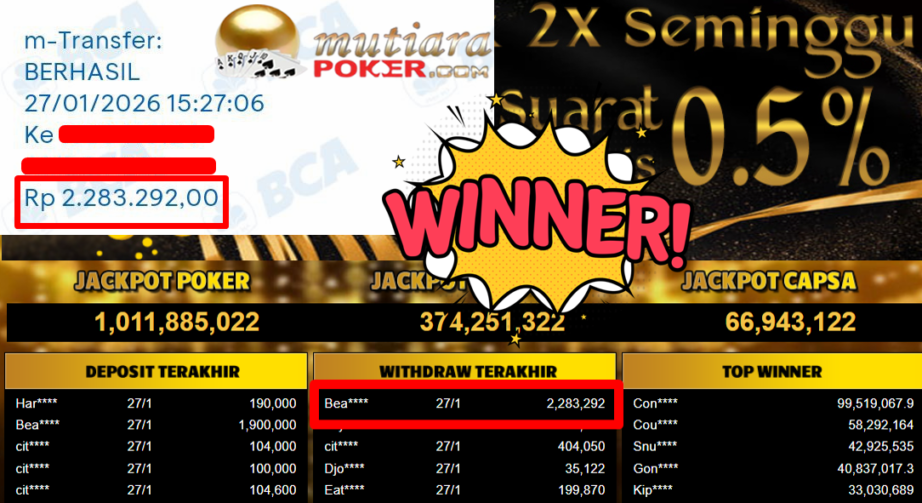 Bukti Withdraw ( 2.283.292,- ) Member Setia MutiaraPoker
