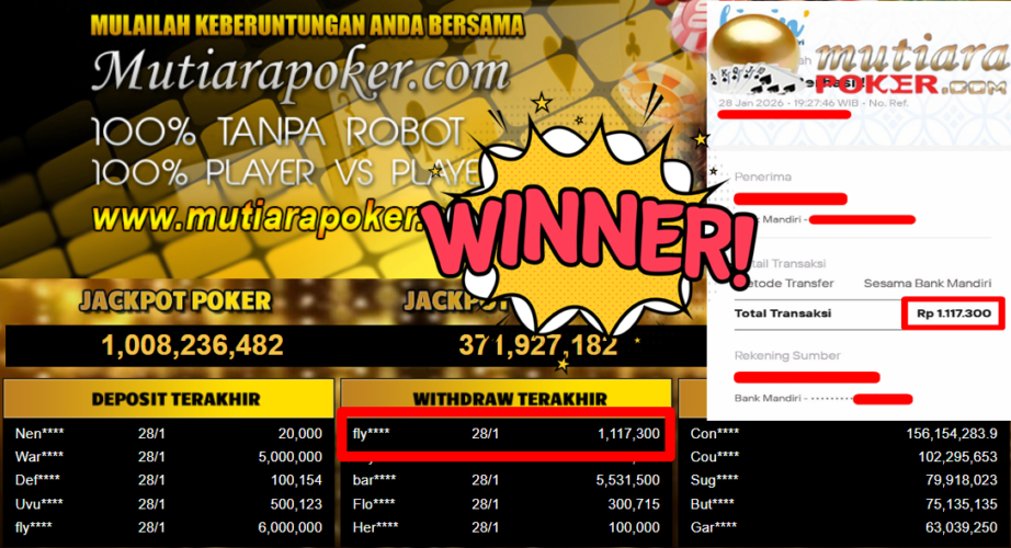 Bukti Withdraw ( 1.117.300,- ) Member Setia MutiaraPoker