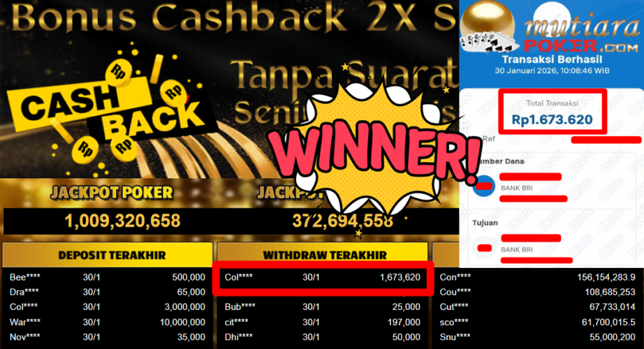 Bukti Withdraw ( 1.763.620,- ) Member Setia MutiaraPoker