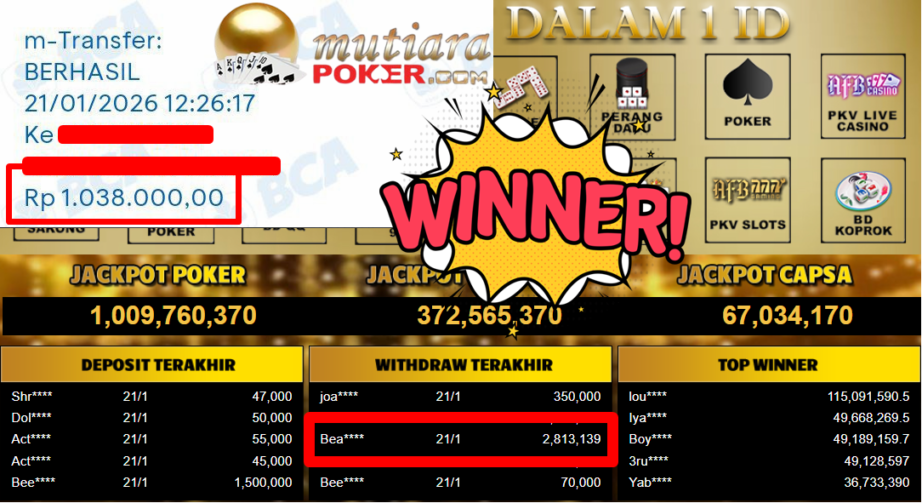 Bukti Withdraw ( 1.038.000,- ) Member Setia MutiaraPoker