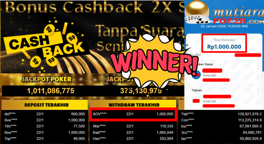 Bukti Withdraw ( 1.000.000,- ) Member Setia MutiaraPoker