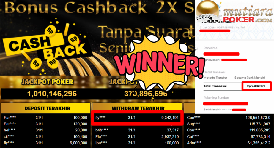 Bukti Withdraw ( 9.342.191,- ) Member Setia MutiaraPoker