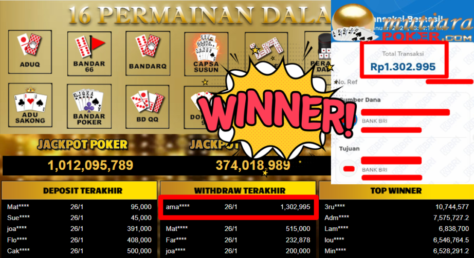 Bukti Withdraw ( 1.302.995,- ) Member Setia MutiaraPoker