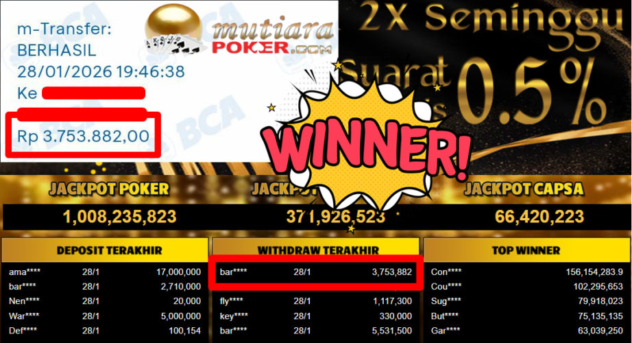 Bukti Withdraw ( 3.753.882,- ) Member Setia MutiaraPoker