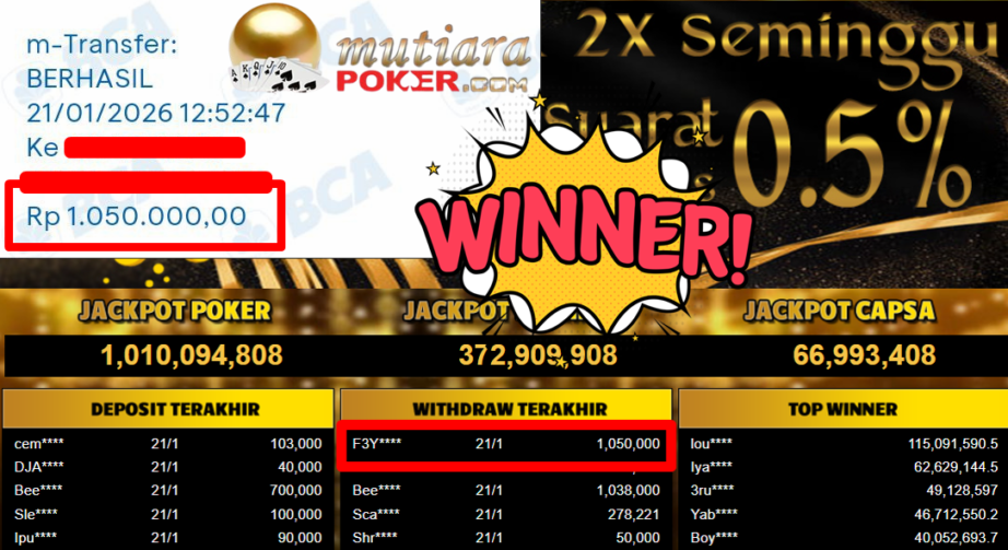 Bukti Withdraw ( 1.050.000,- ) Member Setia MutiaraPoker