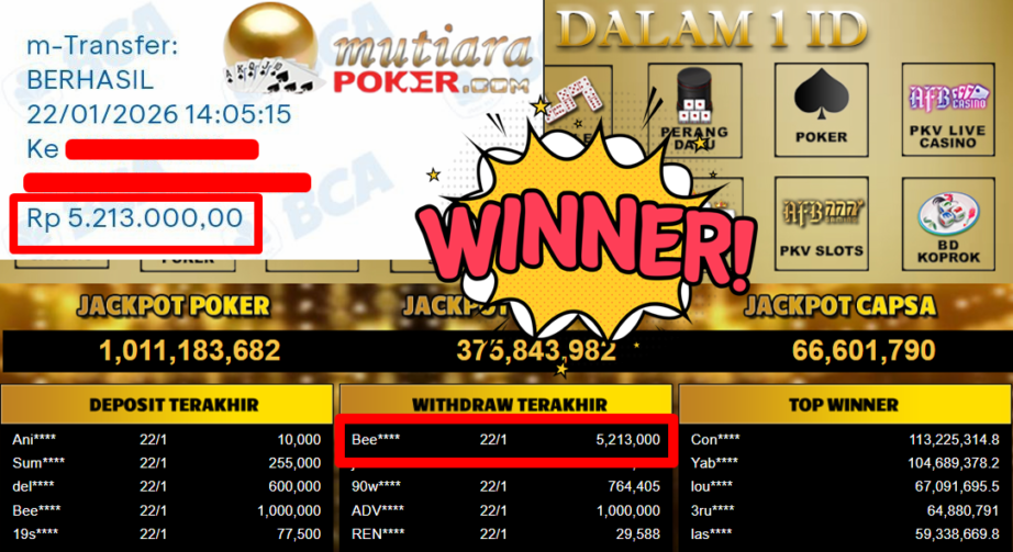 Bukti Withdraw ( 5.213.000,- ) Member Setia MutiaraPoker