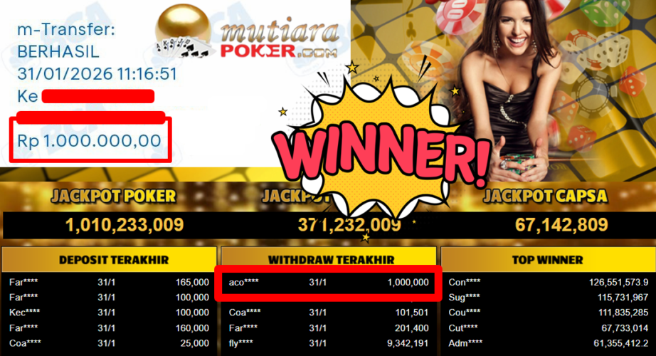 Bukti Withdraw ( 1.000.000,- ) Member Setia MutiaraPoker