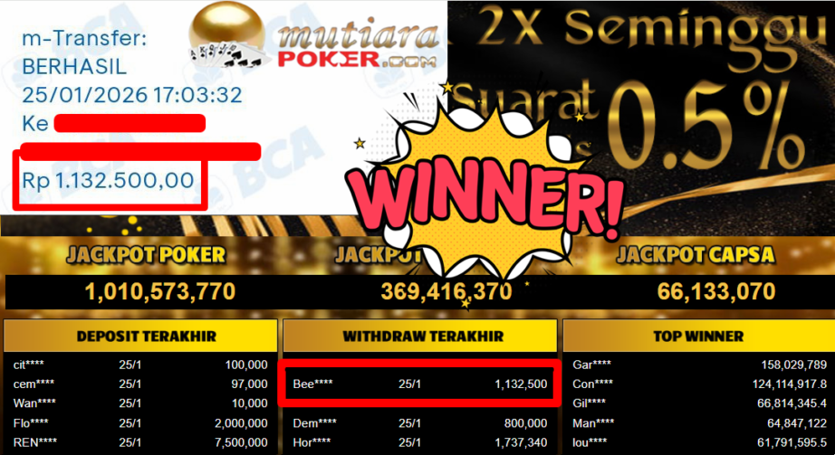 Bukti Withdraw ( 1.132.500,- ) Member Setia MutiaraPoker