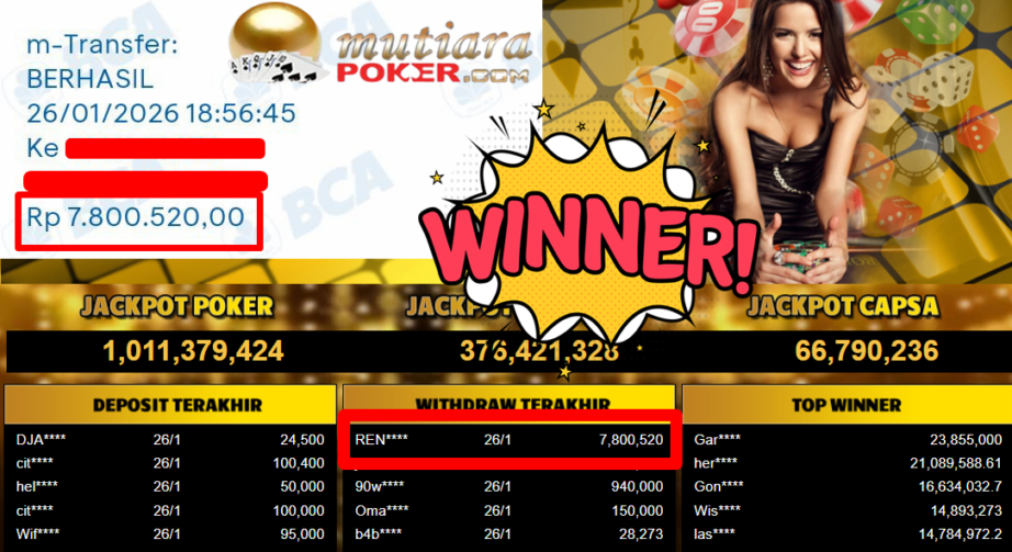 Bukti Withdraw ( 7.800.520,- ) Member Setia MutiaraPoker