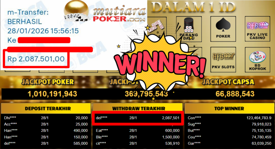 Bukti Withdraw ( 2.087.501,- ) Member Setia MutiaraPoker