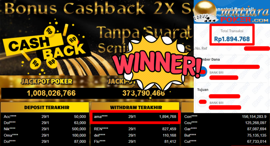 Bukti Withdraw ( 1.894.768,- ) Member Setia MutiaraPoker