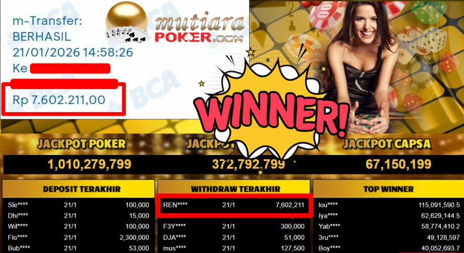 Bukti Withdraw ( 7.602.211,- ) Member Setia MutiaraPoker