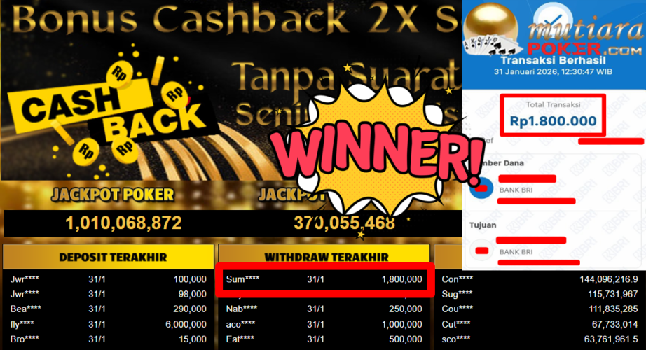 Bukti Withdraw ( 1.800.000,- ) Member Setia MutiaraPoker
