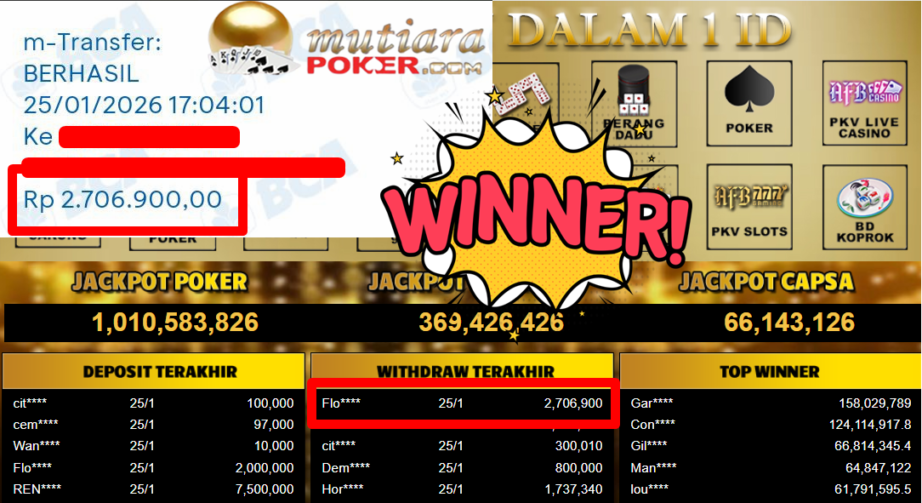 Bukti Withdraw ( 2.706.900,- ) Member Setia MutiaraPoker