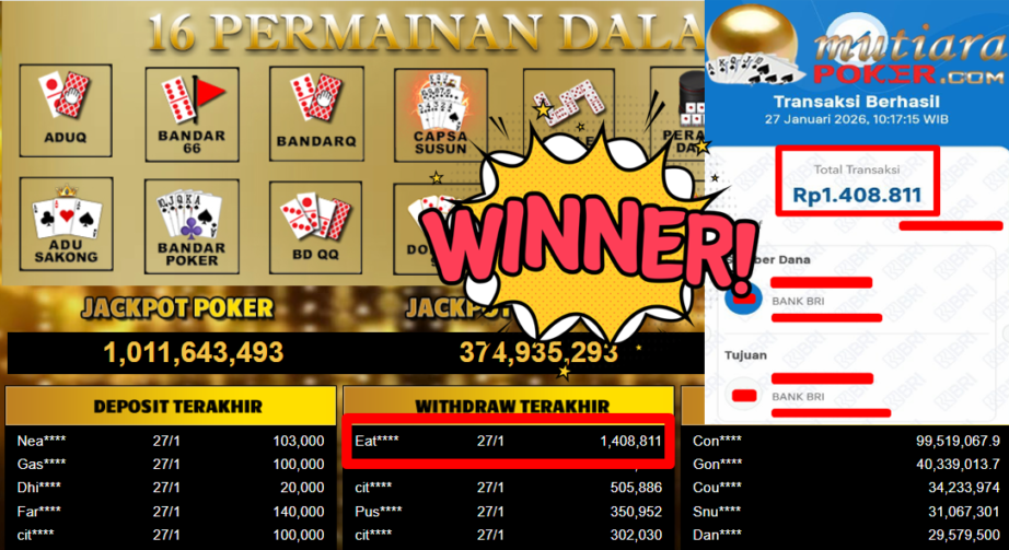 Bukti Withdraw ( 1.408.811,- ) Member Setia MutiaraPoker