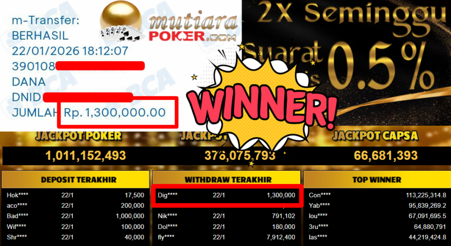Bukti Withdraw ( 1.300.000,- ) Member Setia MutiaraPoker