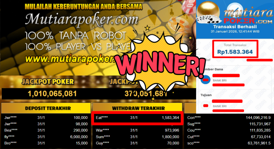 Bukti Withdraw ( 1.583.364,- ) Member Setia MutiaraPoker
