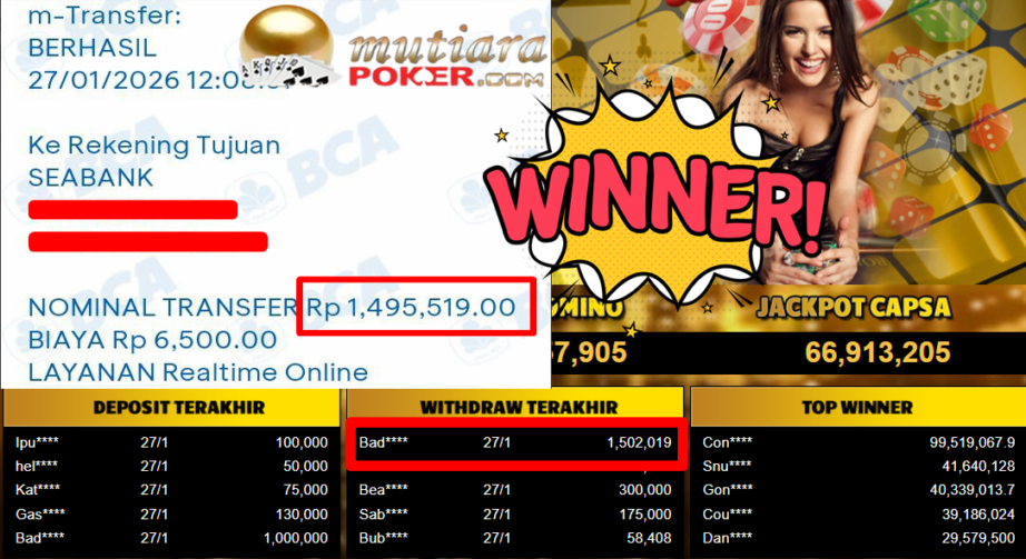 Bukti Withdraw ( 1.502.019,- ) Member Setia MutiaraPoker