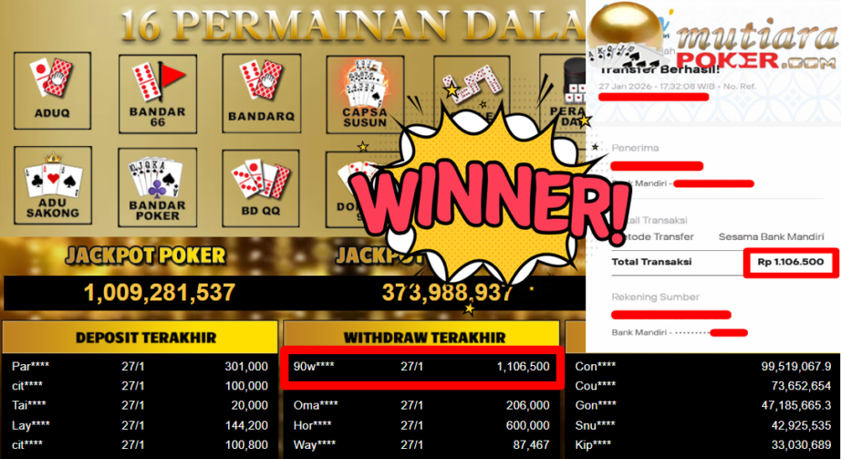Bukti Withdraw ( 1.106.500,- ) Member Setia MutiaraPoker
