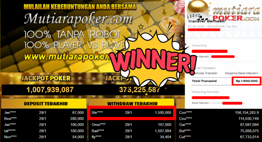 Bukti Withdraw ( 1.500.000,- ) Member Setia MutiaraPoker