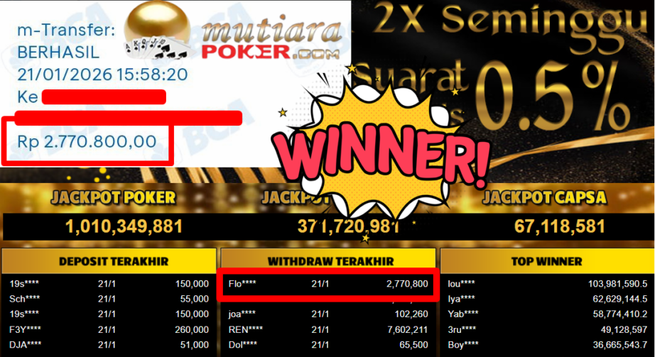 Bukti Withdraw ( 2.770.800,- ) Member Setia MutiaraPoker