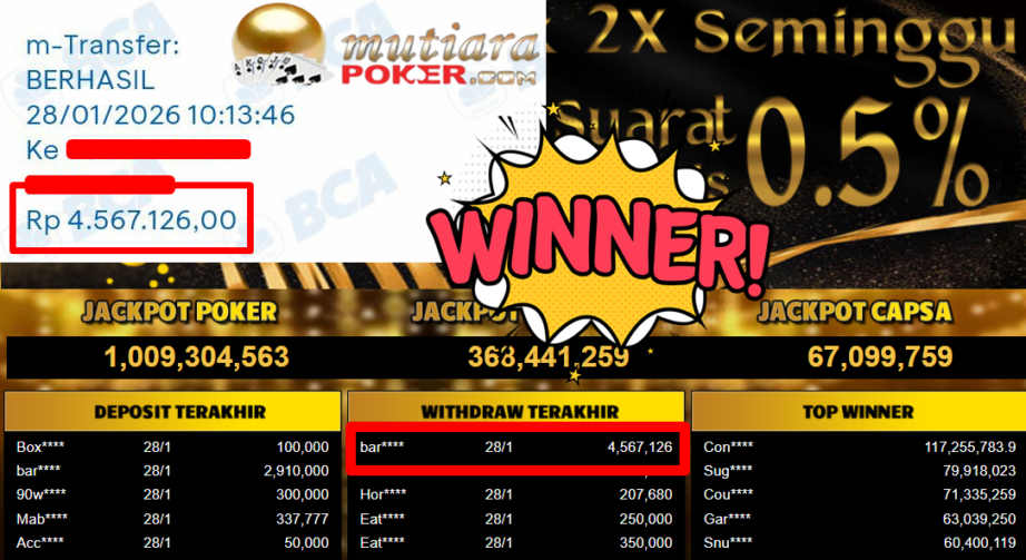 Bukti Withdraw ( 4.567.126,- ) Member Setia MutiaraPoker