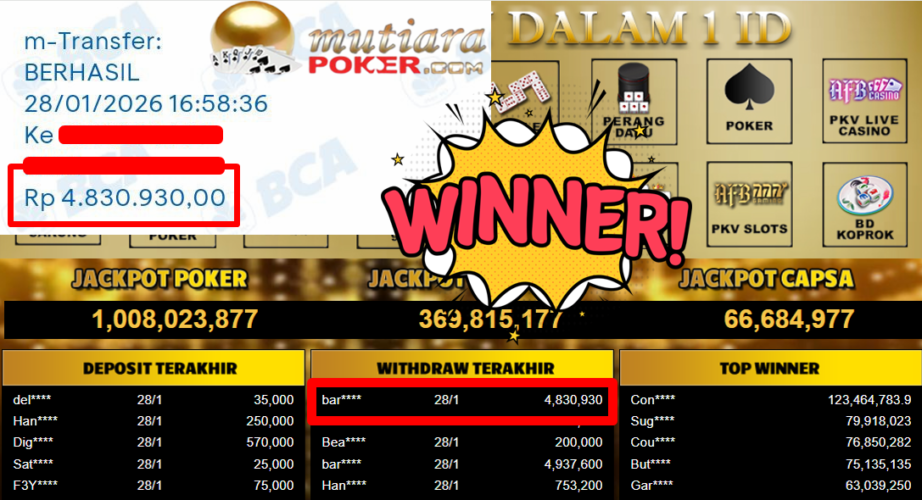 Bukti Withdraw ( 4.830.930,- ) Member Setia MutiaraPoker