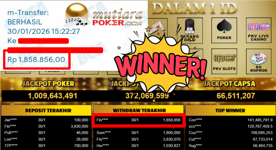 Bukti Withdraw ( 1.858.856,- ) Member Setia MutiaraPoker