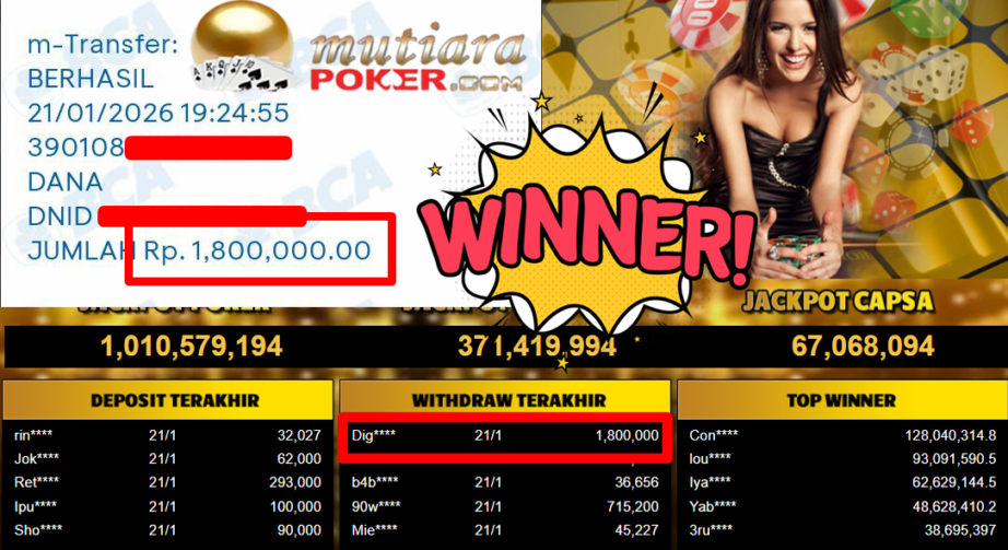 Bukti Withdraw ( 1.800.000,- ) Member Setia MutiaraPoker