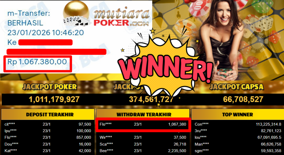 Bukti Withdraw ( 1.067.380,- ) Member Setia MutiaraPoker