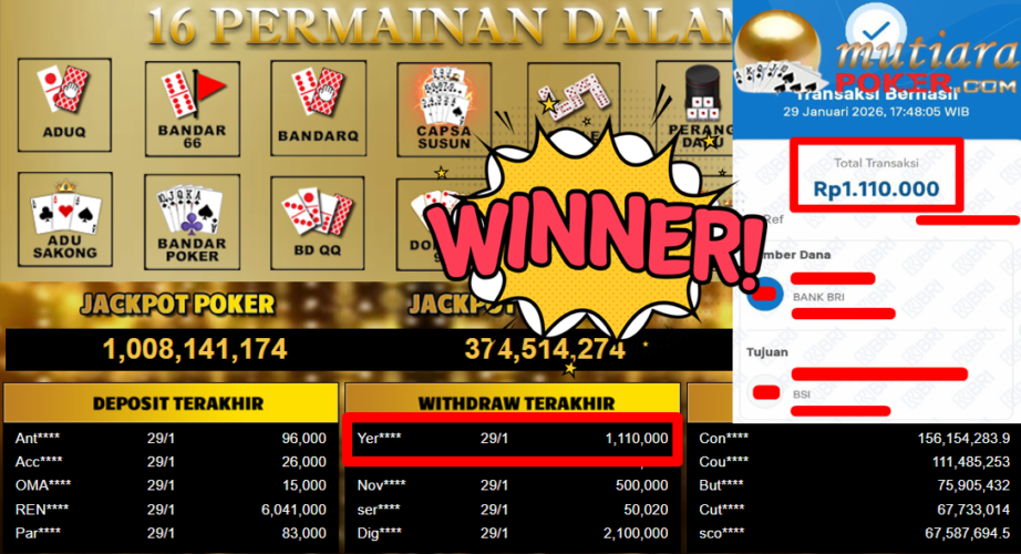 Bukti Withdraw ( 1.110.000,- ) Member Setia MutiaraPoker