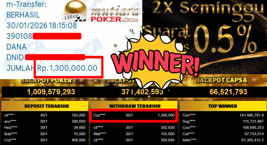 Bukti Withdraw ( 1.300.000,- ) Member Setia MutiaraPoker