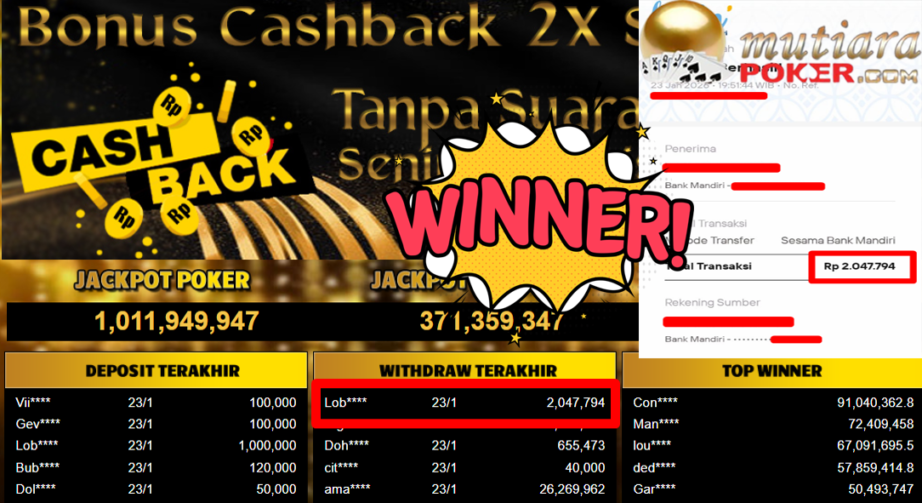 Bukti Withdraw ( 2.047.794,- ) Member Setia MutiaraPoker