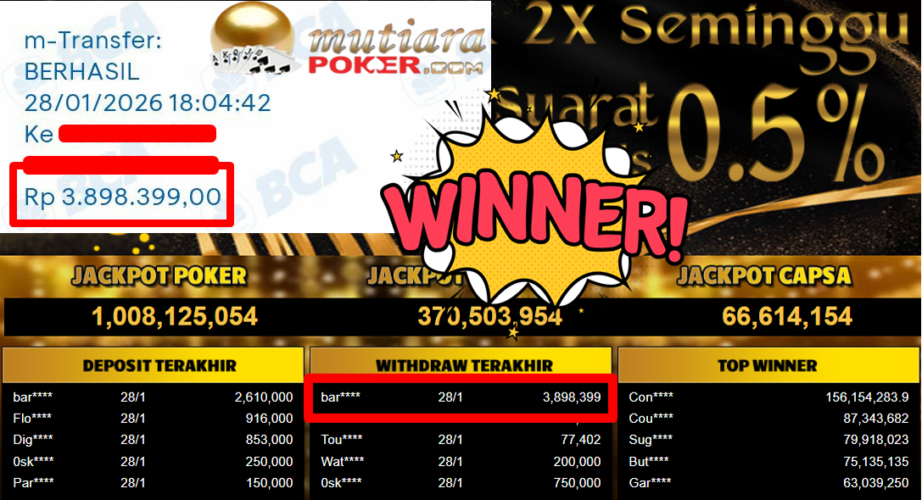 Bukti Withdraw ( 3.898.399,- ) Member Setia MutiaraPoker